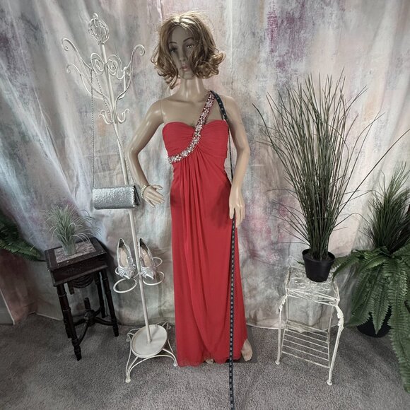 📌 One-Shoulder Draped Chiffon Beaded Plated Bodice Gown Deep Back Neckline - Picture 7 of 16